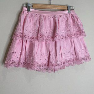 NEW Betsey Johnson Vintage Y2K Tiered Eyelet Lace Tie Back Mini Skirt Pink